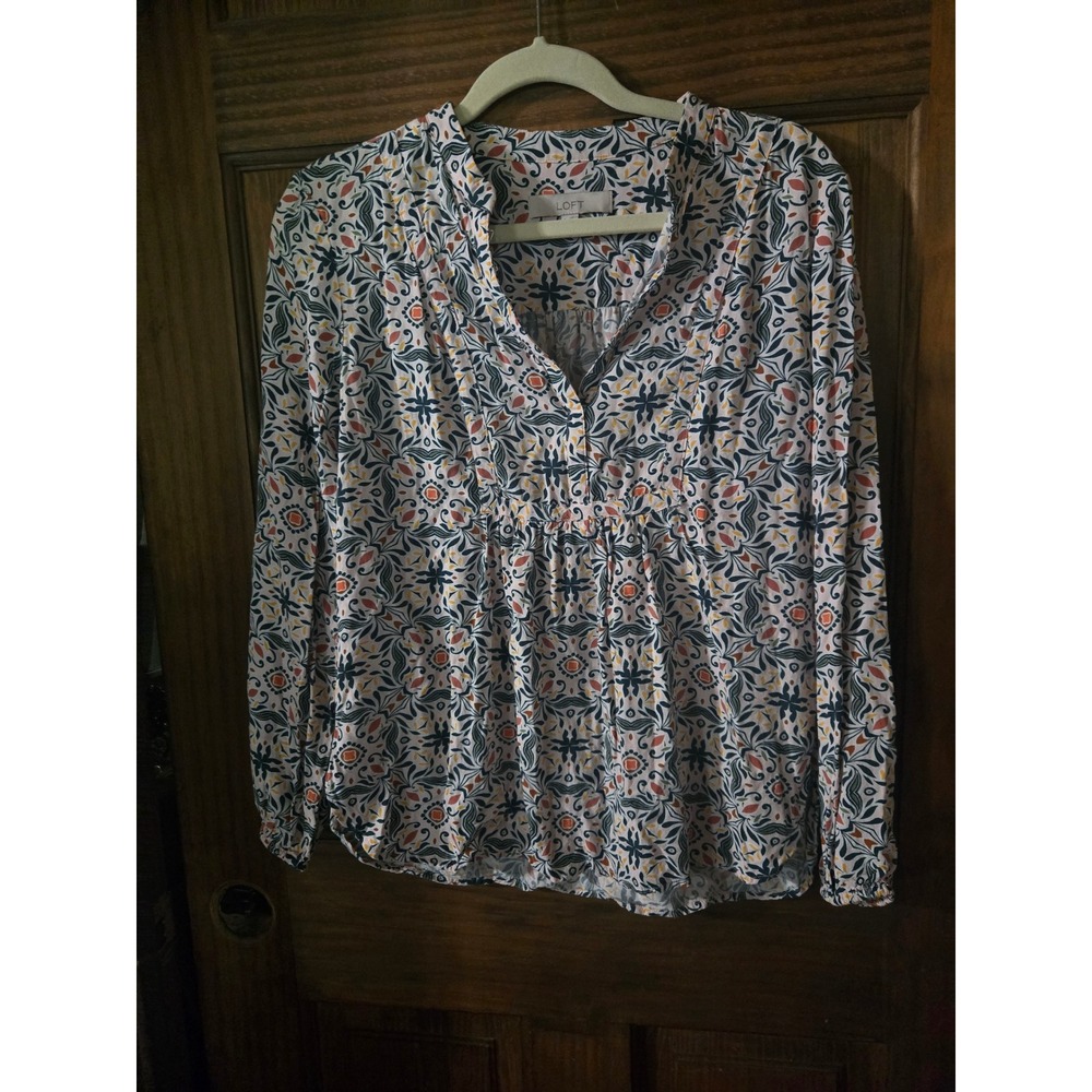 LOFT Womens Pink Medallion Print Split Neck Rayon Long Sleeve Blouse‎ Small